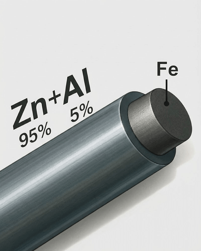 Technische doorsnede van Crapal kassenbouwdraad: ijzeren kern (Fe) met een corrosiebestendige coating van 95% zink en 5% aluminium voor een lange levensduur in vochtige kastomgevingen.
