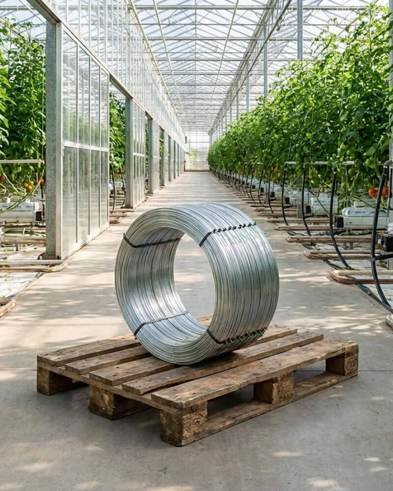 Professionele rol verzinkt staaldraad 25kg voor glastuinbouw, gepresenteerd op pallet in een moderne kas. Hoogwaardig kasdraad met brede ringwikkeling, zwarte omsnoeringsbanden en groene markeringsclips voor tuinbouwprojecten.