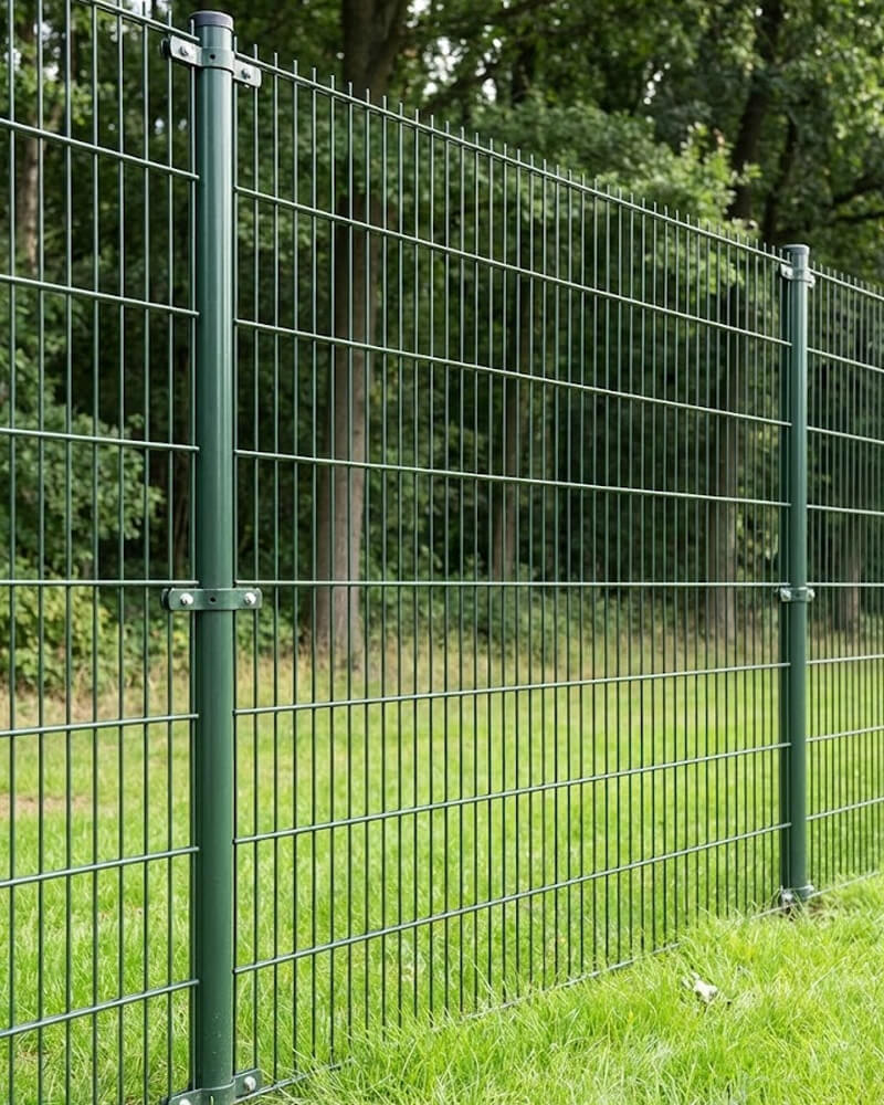 Groen Dubbelstaafmat paneel geplaatst compleet met ronde palen, beugels en doppen.