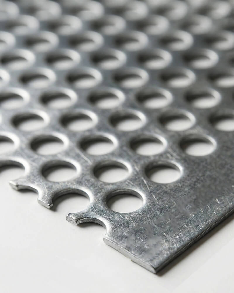 Close-up van Geperforeerd plaat verzinkt met ronde perforaties een blinde rand en een geknipte rand.