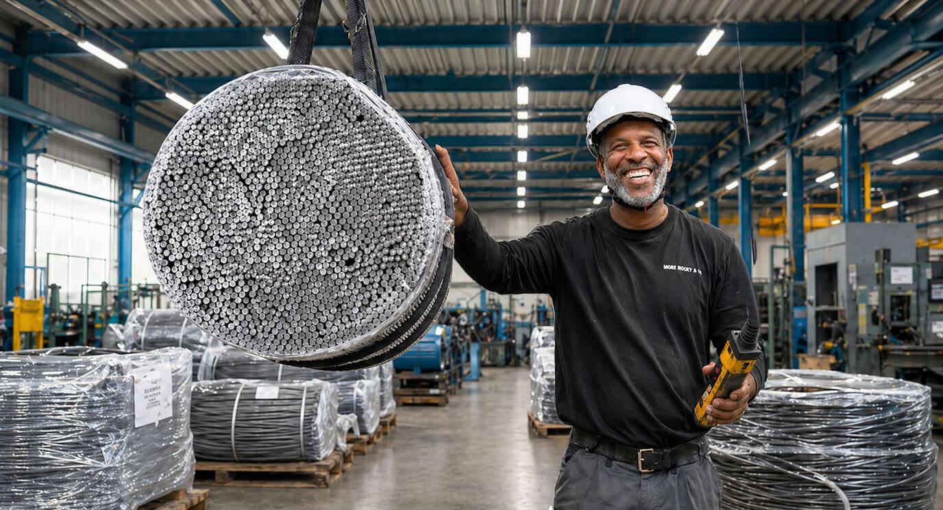 Glimlachende fabrieksmedewerker met veiligheidshelm bedient een hijsinstallatie en begeleidt een schuin omhoog hangende bundel stalen staven, vastgezet met zwarte hijsbanden, in een moderne industriële hal.