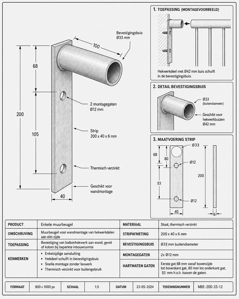 Technische tekening van een thermisch verzinkte enkele muurbeugel voor wandmontage van balkonhekwerk. De beugel bestaat uit een stalen strip van 200 × 40 × 6 mm met twee montagegaten van Ø12 mm en een bevestigingsbuis van Ø33 mm buitendiameter en 100 mm lengte. Het hekdeel met Ø42 mm buis schuift over de bevestigingsbuis en wordt geborgd met een M10 bout of setbout. De tekening toont een perspectivische hoofdweergave, montagevoorbeeld, detail van de bevestigingsbuis, maatvoering van de strip en een specificatietabel met materiaal, afmetingen en toepassing.