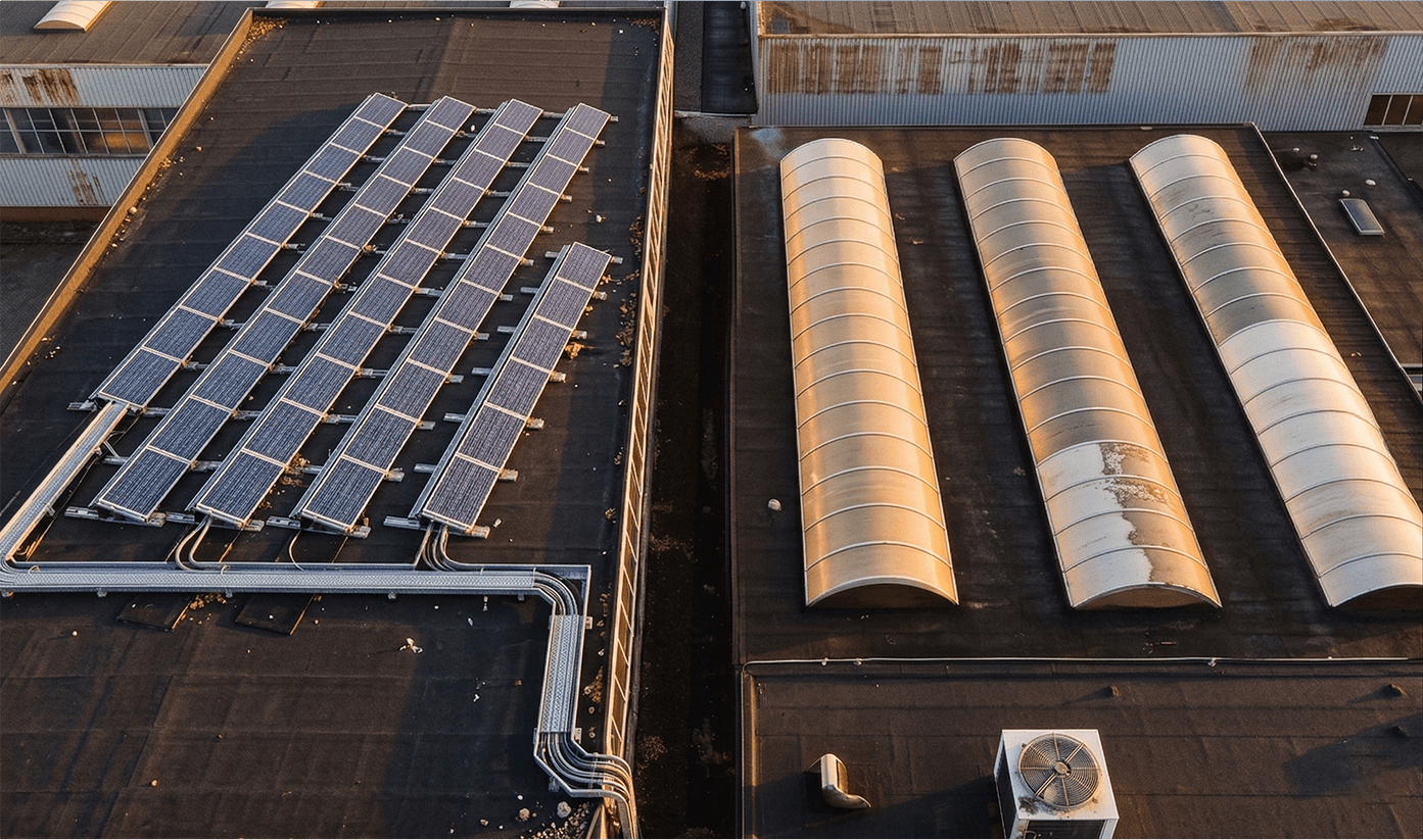 Zonnepanelen op het dak van Van Rooy & Co om duurzaamheid te verbeteren.