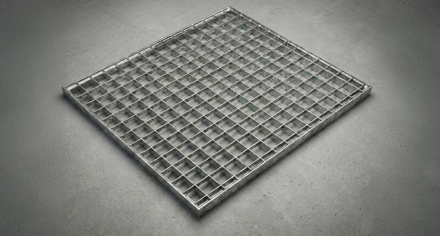 Bovenaanzicht van een vierkant thermisch verzinkt stalen rooster op een grijze betonnen ondergrond, geschikt voor industriële afwatering en vloertoepassingen.